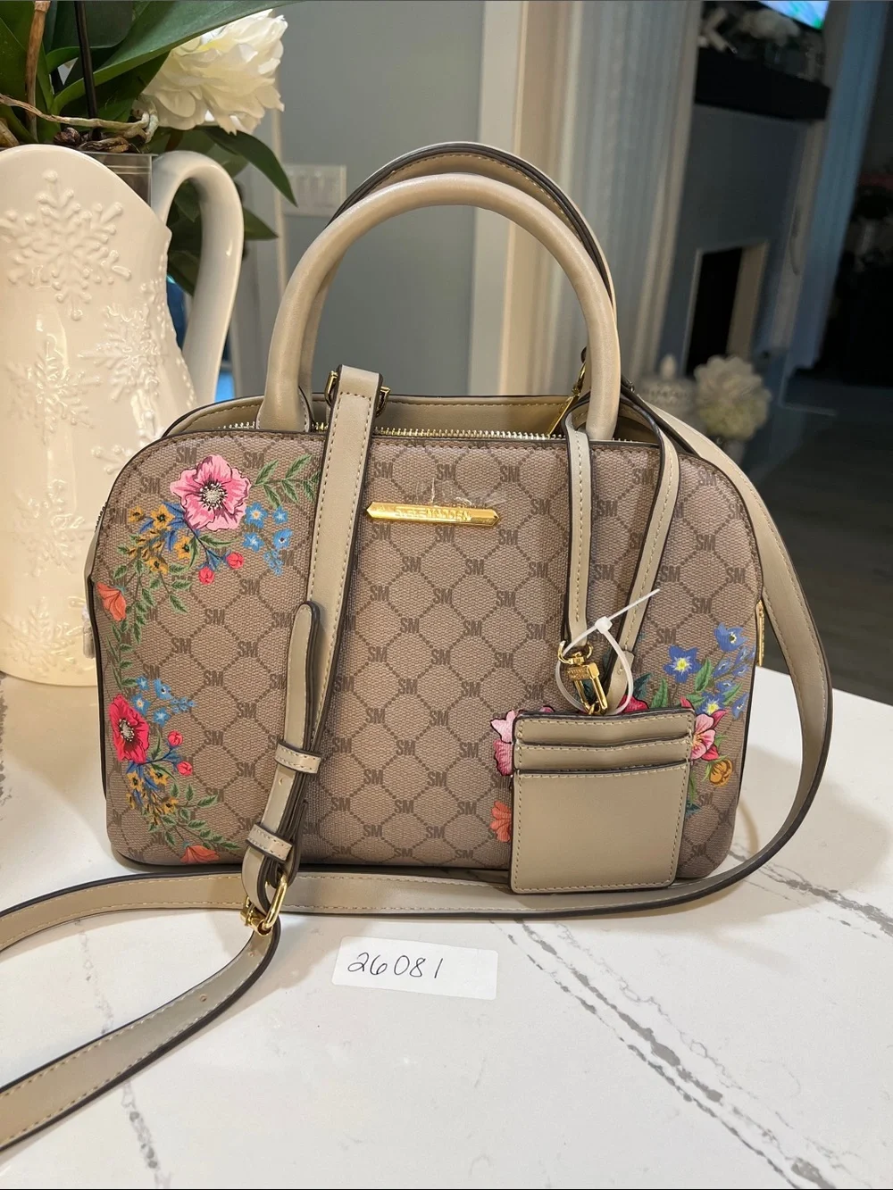Steve Madden Beige Floral-Embroidered Dome Satchel